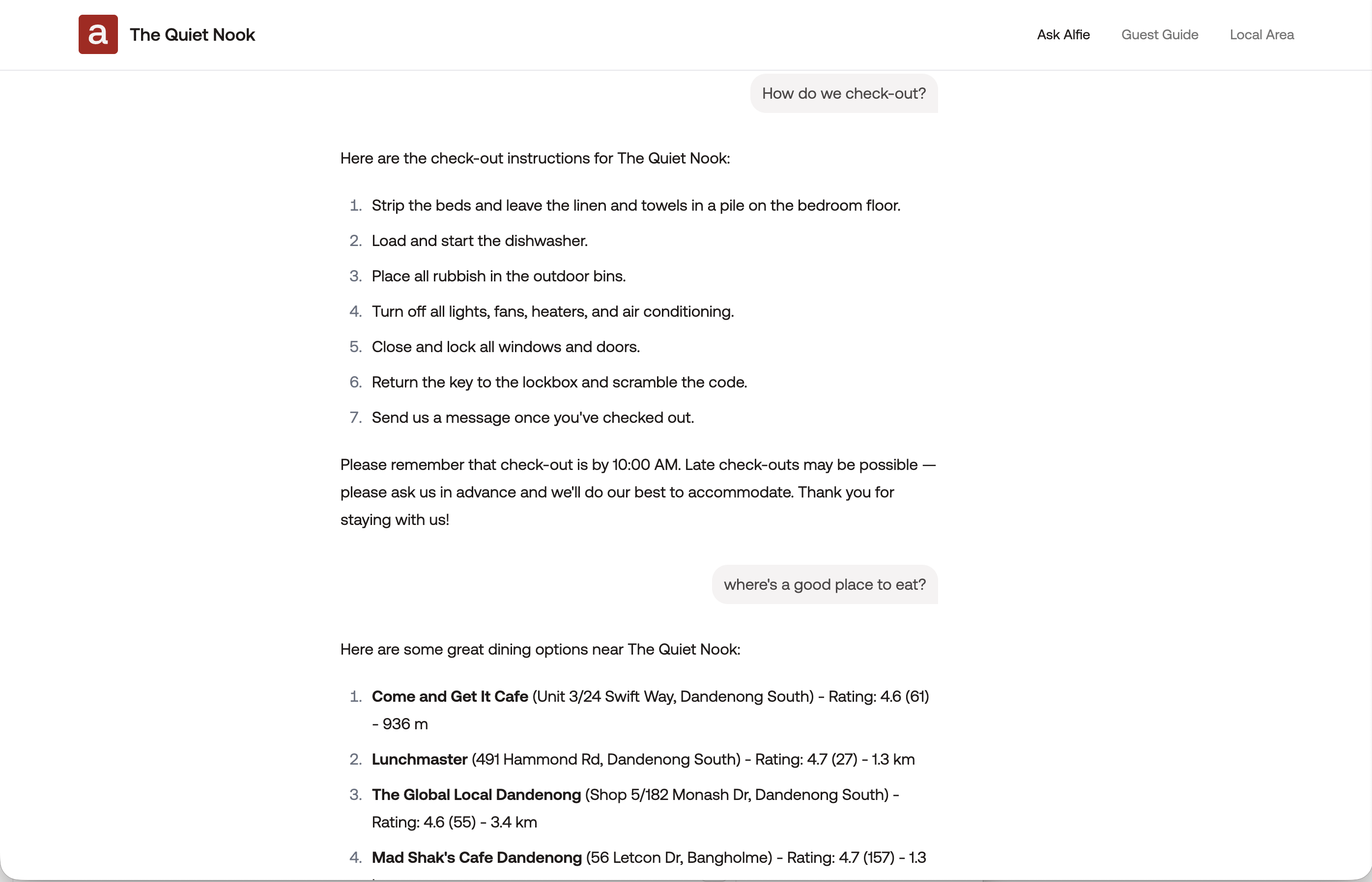 Alfie chat interface — guests ask questions and get instant answers